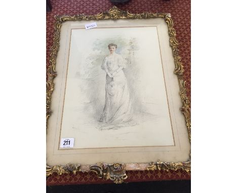 Lafayette: Gilt framed and glazed late 19th century pencil and watercolour full length portrait sketch: Mrs Catherine Rube (M