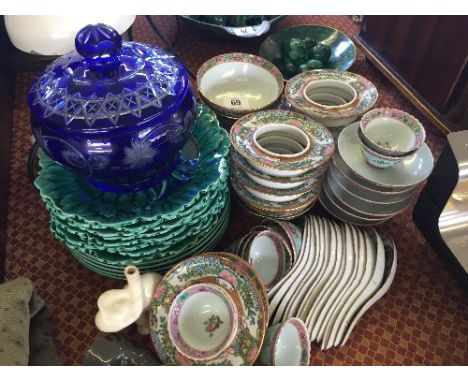 A collection of modern Chinese Famille Rose decorated rice bowls together with Wedgwood china leaf plates, two china pie funn