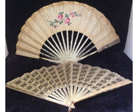 An early 20th century bone spandrel fan with painted Classical French style decoration depicting Children on a log see-saw to