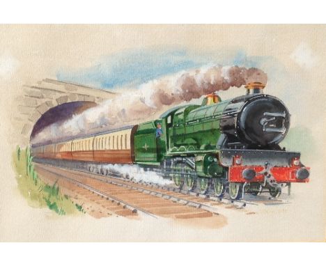 William Whatley: Framed and glazed watercolour; Steam Engine and Coaches emerging from tunnel.