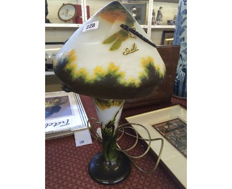 A Galle style Cameo glass table lamp base with mushroom shape shade, decorated in relief with Dragonflies and Foliage (damage