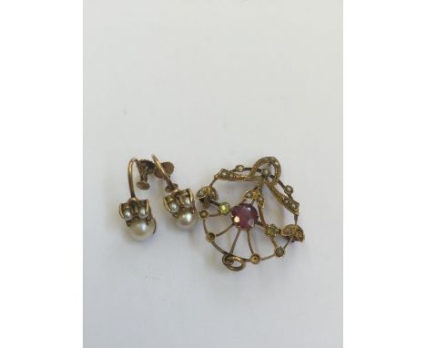 An Art Nouveau gold seed pearl and amethyst set Suffragette pendant together with a pair of pearl set gold screw earrings.