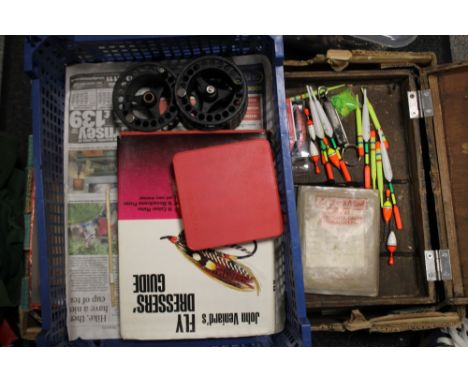 A BOX OF VINTAGE FISHING ACCESSORIES, WHEELS, FLYS ETC