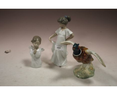 A BESWICK PHEASANT TAKING FLIGHT A/F TOGETHER WITH A NAO FIGURE A/F AND A LLADRO CHERUB (3)