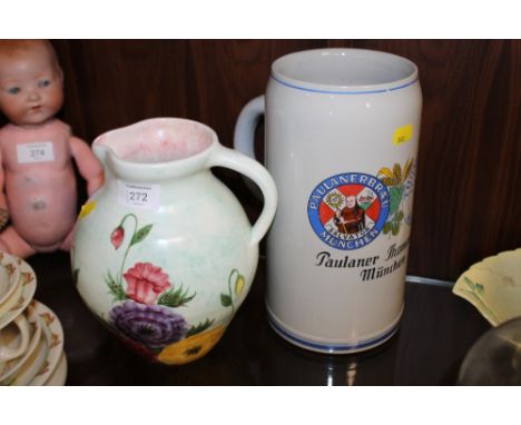 A RADFORD FLORAL JUG TOGETHER WITH A LARGE PAULANER STEIN