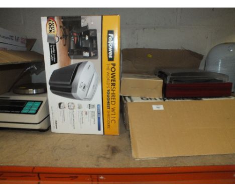 A QUANTITY OF ELECTRICALS TO INC A SHREDDER, ELECTRIC SCALES, RECORD PLAYER ETC
