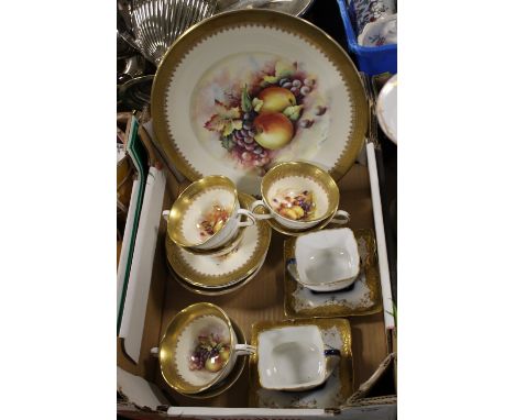 A SMALL TRAY OF ROYAL GRAFTON FRUIT PATTERN CHINA SIGNED D WALLACE TOGETHER WITH A PAIR OF FRENCH CUPS AND SAUCERS