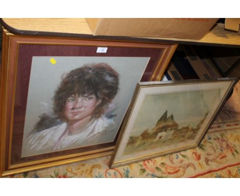 A GILT FRAMED PASTEL PORTRAIT OF A LADY TOGETHER WITH A RUSSELL FLINT PRINT (2)