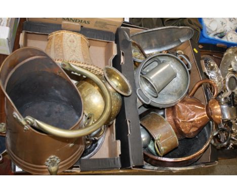 TWO TRAYS OF MIXED METALWARE TO INCLUDE A COAL BUCKET, QUANTITY OF PEWTER, VINTAGE COPPER BOWL ETC