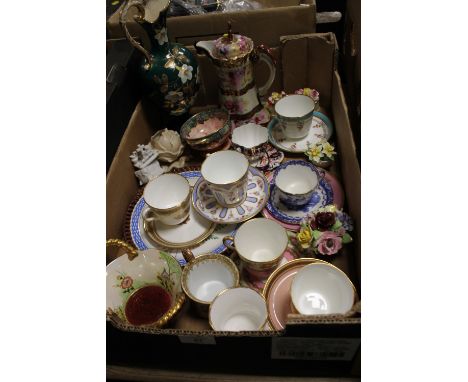 A TRAY OF MOSTLY VINTAGE CUPS AND SAUCERS, MAILING CHINA ETC.