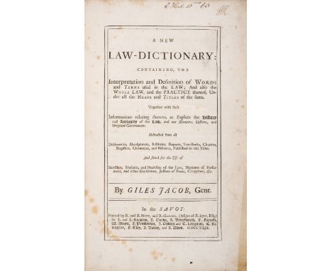 Law.- Jacob (Giles) A New Law-Dictionary, first edition, ownership labels to front pastedown and small ink inscription to hea