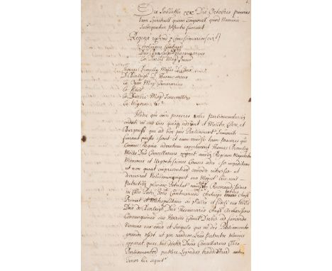 Elizabeth I (Queen).- Precedent of holding Parliament by Com[missione]rs in Qu Eliz: time, manuscript, 5pp. &amp; conjugate b