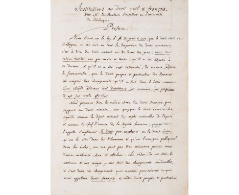 French Law.- Boutaric (Fran&ccedil;ois de, Professor of French Law at the University of Toulouse, 1672-1733) Institutions au 