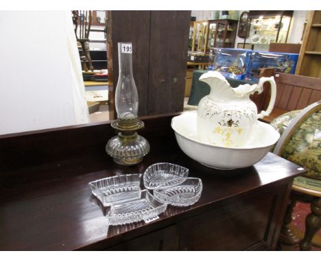 Jug and bowl, paraffin lamp and glass