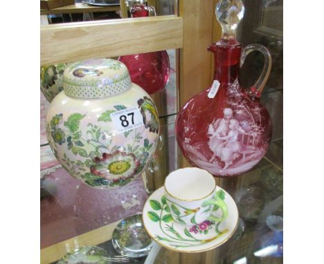Masons Ironstone ginger jar, Royal Worcester cup and saucer & cranberry claret jug A/F