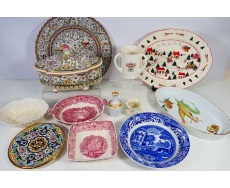 Mixed ceramics to include Masons Christmas Village oval platter, Spode Copeland cabbage leaf bowl, Goss tyg and other. [W]

N