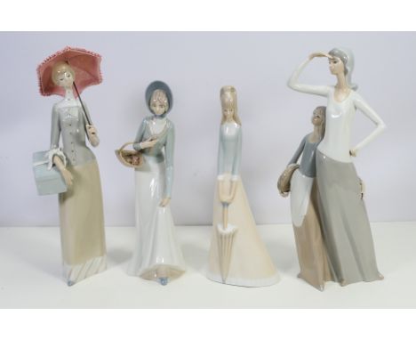 A collection of Spanish porcelain figures / groups to include an early Nao group with impressed mark, largest approximately 3