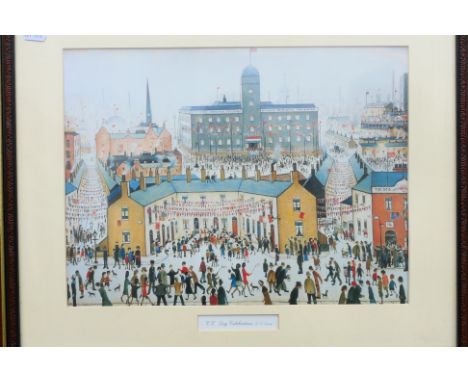 A framed print after Laurence Stephen Lowry entitle V.E Day Celebrations, mounted and framed under glass, approximately 29 cm