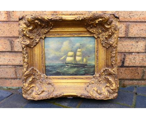 A small ornately framed print depicting a maritime scene, approximately 19 cm x 24 cm image size. [W]