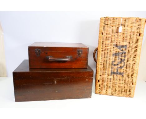 Lot to include a Fortnum & Masons wicker hamper, 25 cm x 59 cm x 30 cm and two wooden boxes. [2]. [W]
