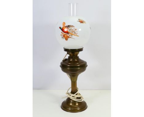 A vintage oil lamp (converted) with glass shade decorated with game birds, approximately 58 cm (h) to top of chimney. [W]