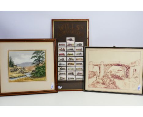 Lot to include a framed cigarette card display of Railway Locomotives, a watercolour landscape scene by Charles C Smith, moun