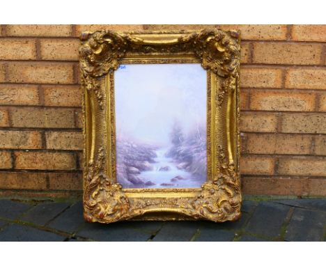 An ornately framed print depicting grazing sheep beside a stream, approximately 39 cm x 29 cm image size. [W]
