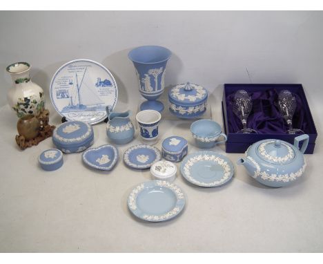 A collection of ceramics, predominantly blue Jasperware including vase, trinket dishes aand boxes, powder bowl and similar, E