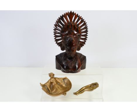 Lot to include a bronze ashtray in the form of a Japanese lady in traditional dress, leg form nutcrackers and a carved wood b