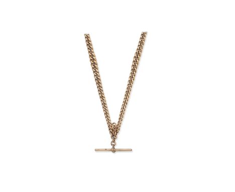 Albert chain, early 20th centuryComposed of 9 carat gold graduated curb-links, with T-bar fob,  UK hallmarks, length 38.8cmFo