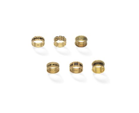Collection of mourning rings, 19th centuryEach band with enamel detailing, variously inscribed and decorated, all mounted in 