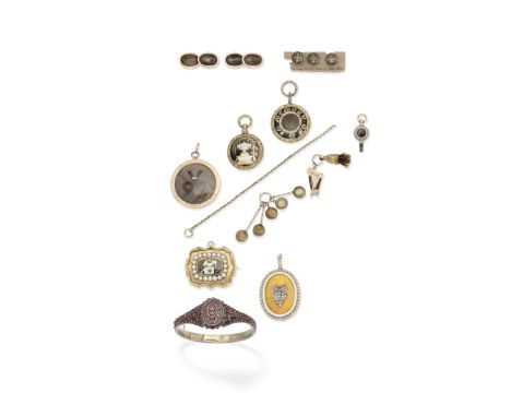 Collection of jewellery, late 18th - 19th centuryOne hairwork pendant with seed pearl details, three enamelled pendants, one 