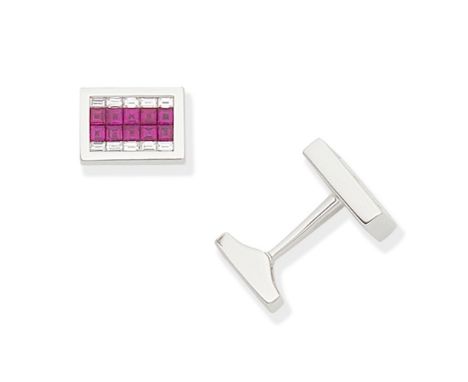 GRAFF: Ruby and diamond cufflinksSingle-sided, set with square step-cut rubies, weighing 2.45 carats total, and baguette-cut 