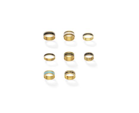 Collection of mourning rings, late 18th - 19th centuryWith black and white enamel inscriptions, one with blue enamel, all mou