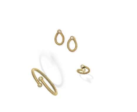 Diamond Bangle, ring and earclip suiteThe sprung bangle with brilliant and single-cut diamond terminals, the hoop earclips an