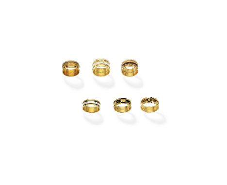 Collection of mourning rings, 19th centuryEach gold band with black and white enamel dedications, all mounted in gold, London