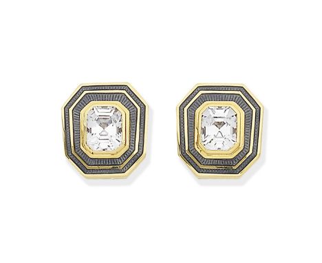 De Vroomen: White sapphire and enamel earclips, 1995Each set with a central step-cut white sapphire in an octagonal surround 