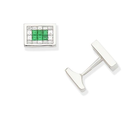 GRAFF: Emerald and diamond cufflinksSingle-sided, set with square step-cut emeralds, weighing 0.95 carat total, and baguette-