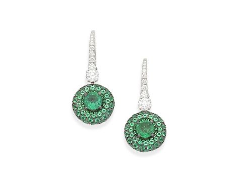 GRAFF: emerald and diamond 'Halo' earringsSet with brilliant-cut diamonds, weighing 0.70 carat total, and circular-cut emeral