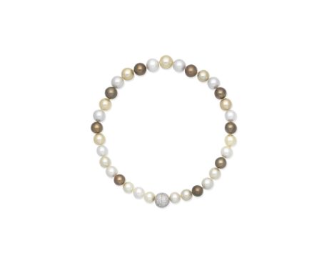 Cultured pearl and diamond necklaceThe single row of 12mm - 15mm cultured pearls of white, gold and brown tint, to a spherica