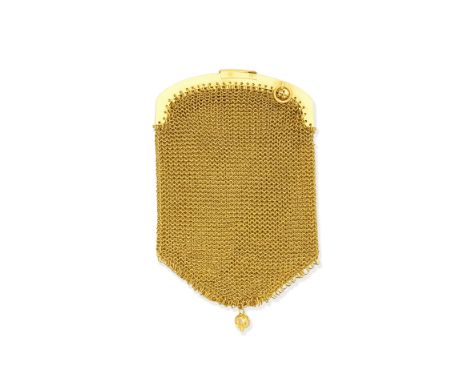 Mesh purse, mid 20th centuryGold woven mesh with three compartments, terminating in an openwork spherical drop, Portuguese as