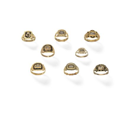 Collection of hairwork mourning rings, first half of the 19th centuryWith plaited or woven hairwork, some with black enamel d