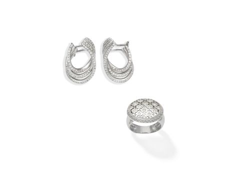 Diamond dress ring and a pair of diamond earringsThe ring of pierced openwork design, set with brilliant-cut diamonds, the ho