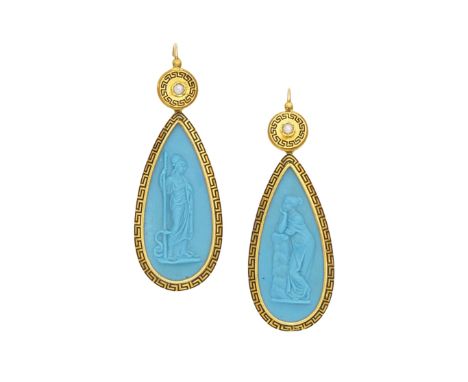 Enamel earrings, circa 1860Each with a blue glass plaque depicting Minerva or Venus, suspended from a disc set with a seed pe