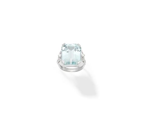 Aquamarine and diamond ringThe step-cut aquamarine between brilliant and single-cut diamond shoulders,  ring size approx. J½F