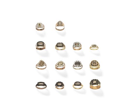 Collection of hairwork mourning rings, 19th centuryWith plaited or woven hairwork, one with an old-cut diamond surround, six 
