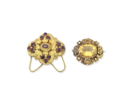 Collection of five brooches, mid - late 19th century1st: A portrait pendant brooch, 2nd: Garnet-set brooch of foliate design,