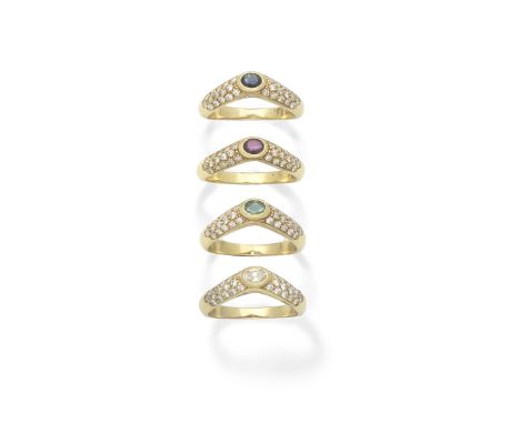 Four gem-set ringsEach set with an oval shaped diamond, sapphire, ruby or emerald, the shoulders pavé-set with brilliant-cut 