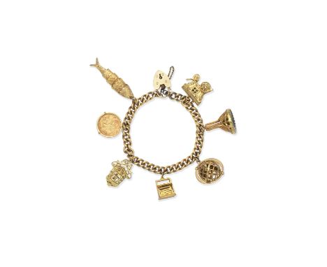 Gold charm bracelet, 1965The curb-link bracelet suspending seven charms, clasp and chain with UK hallmarks, lengths: bracelet