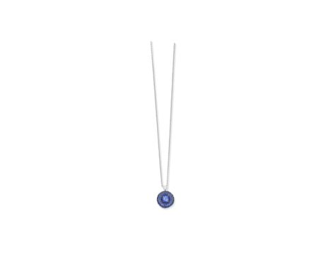 GRAFF: Sapphire and diamond 'Halo' pendantSet with a brilliant-cut diamond, weighing 0.24 carat, and circular-cut sapphires, 